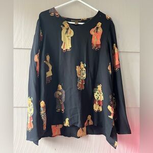 Vintage HARARI 100% Silk Black Asian Inspired Tunic Top Size L